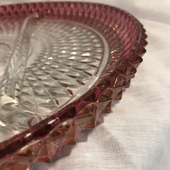 Vintage Indiana Glass Diamond Cut Glass Relish Tray With Ruby Rim 3 Sections 12" - Picture 8 of 9